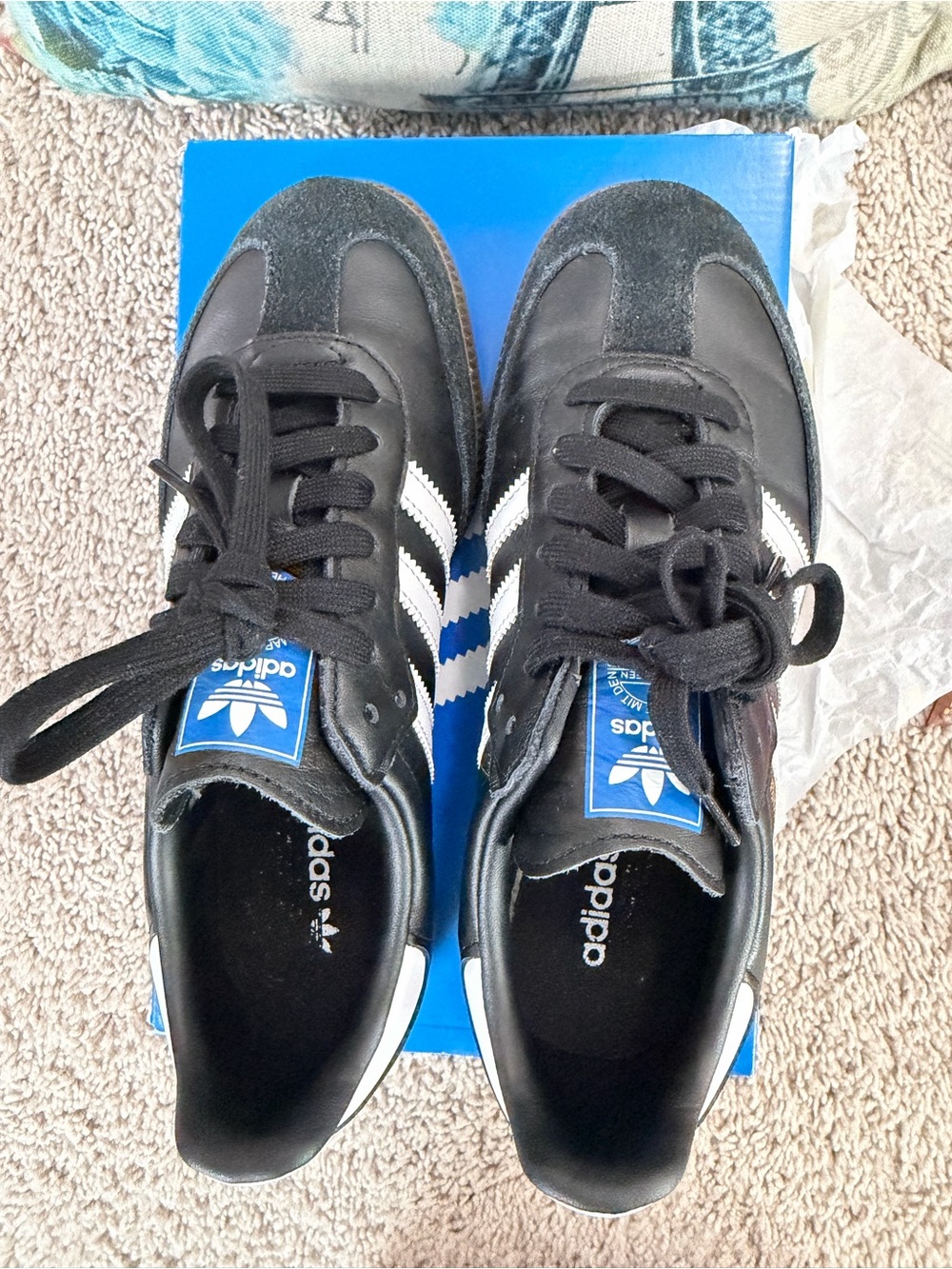 adidas Black Sneakers with White Three Stripes and Blue Logo